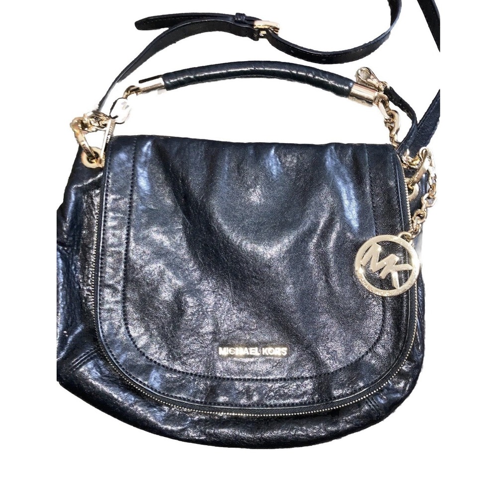 MICHAEL KORS Soft Black Distressed Leather Designer Shoulder Crossbody Bag Purse